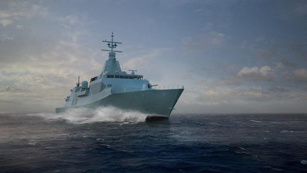 A Canadian Surface Combatant moving along the water.