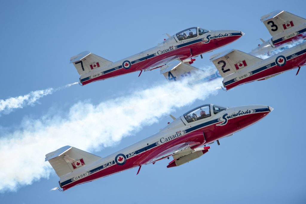 Four Snowbird aircraft jet through the sky on a sunny day