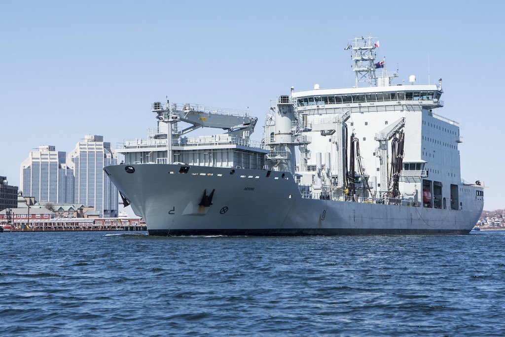 MV Asterix is shown departing Halifax Harbour for the Pacific coast.