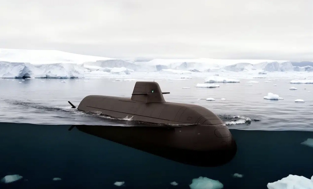 A submarine sits partly submerged in the water in a landscape covered in snow.